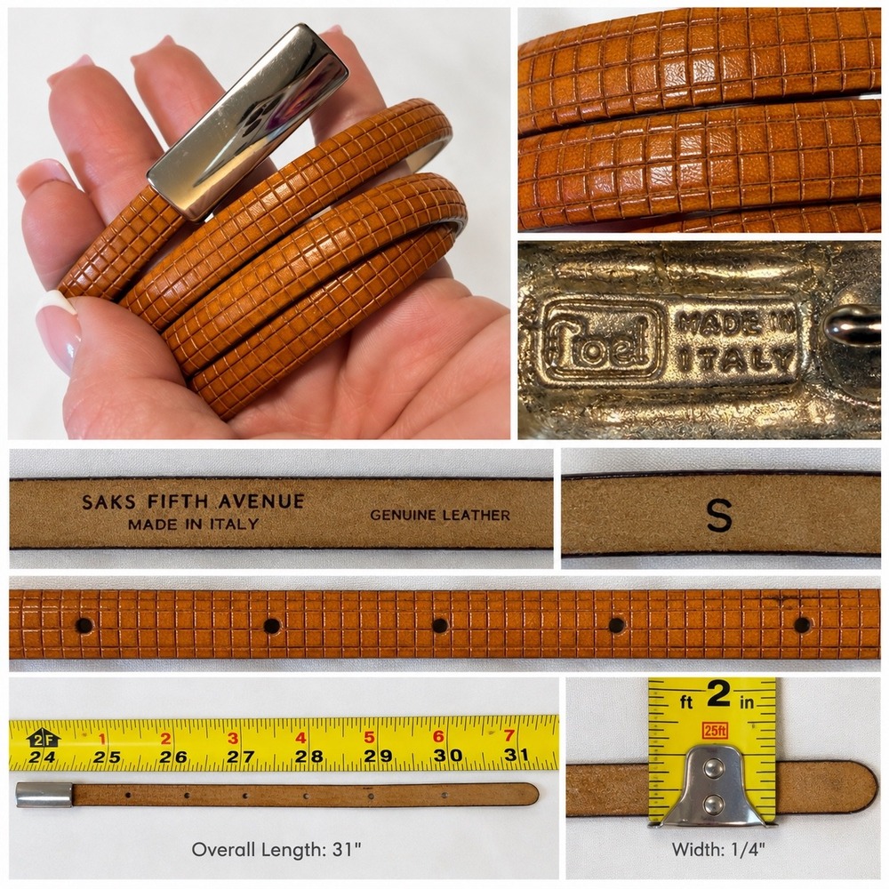 Saks Fifth Avenue Tan Leather Grid Textured Skinny Belt Made in Italy Size S